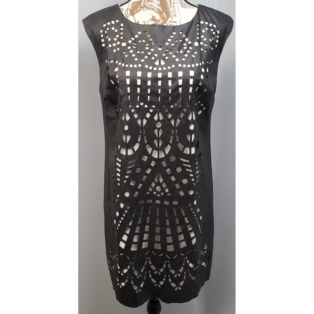 Catherine Malandrino Sheath Dress Womens S Black Faux Leather Laser Cutout Party